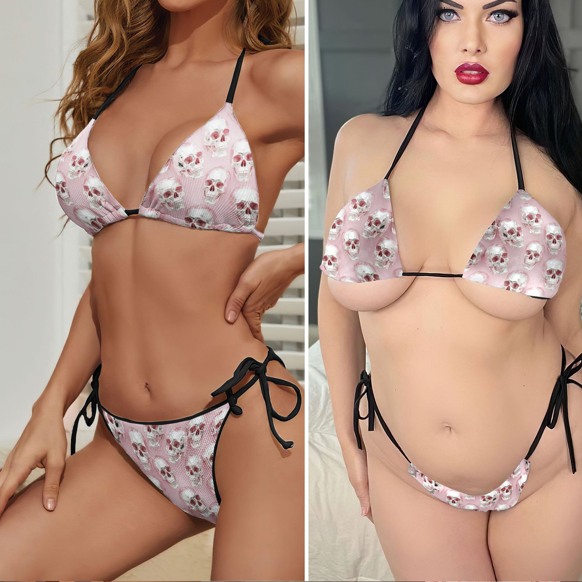 Chrome Skull Pink Pattern Micro Triangle Bikini Swimsuit