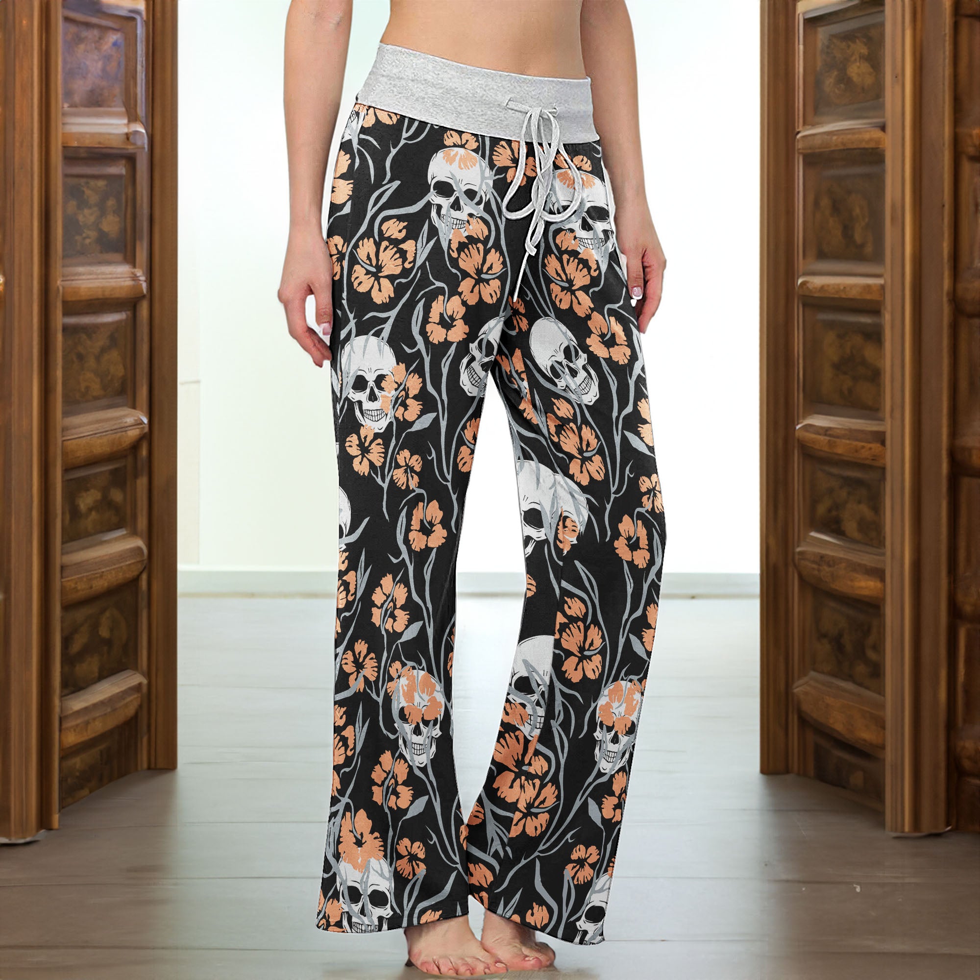 Pastel Skull Flower Pattern Women's High-waisted Wide Leg Pants