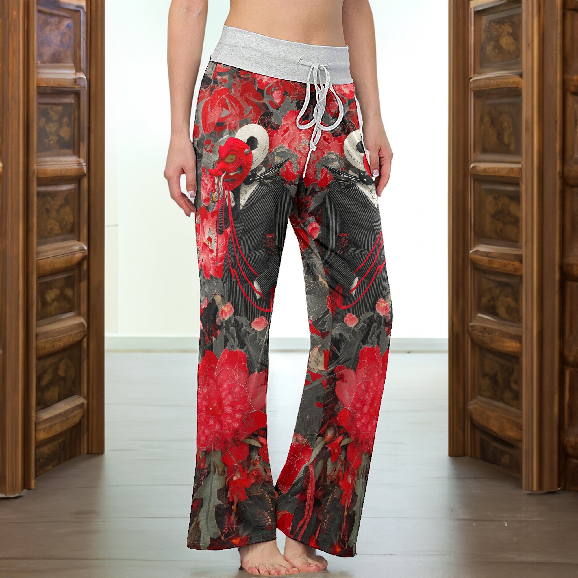 Masked Skeleton Red Bloom Women's High-waisted Wide Leg Pants