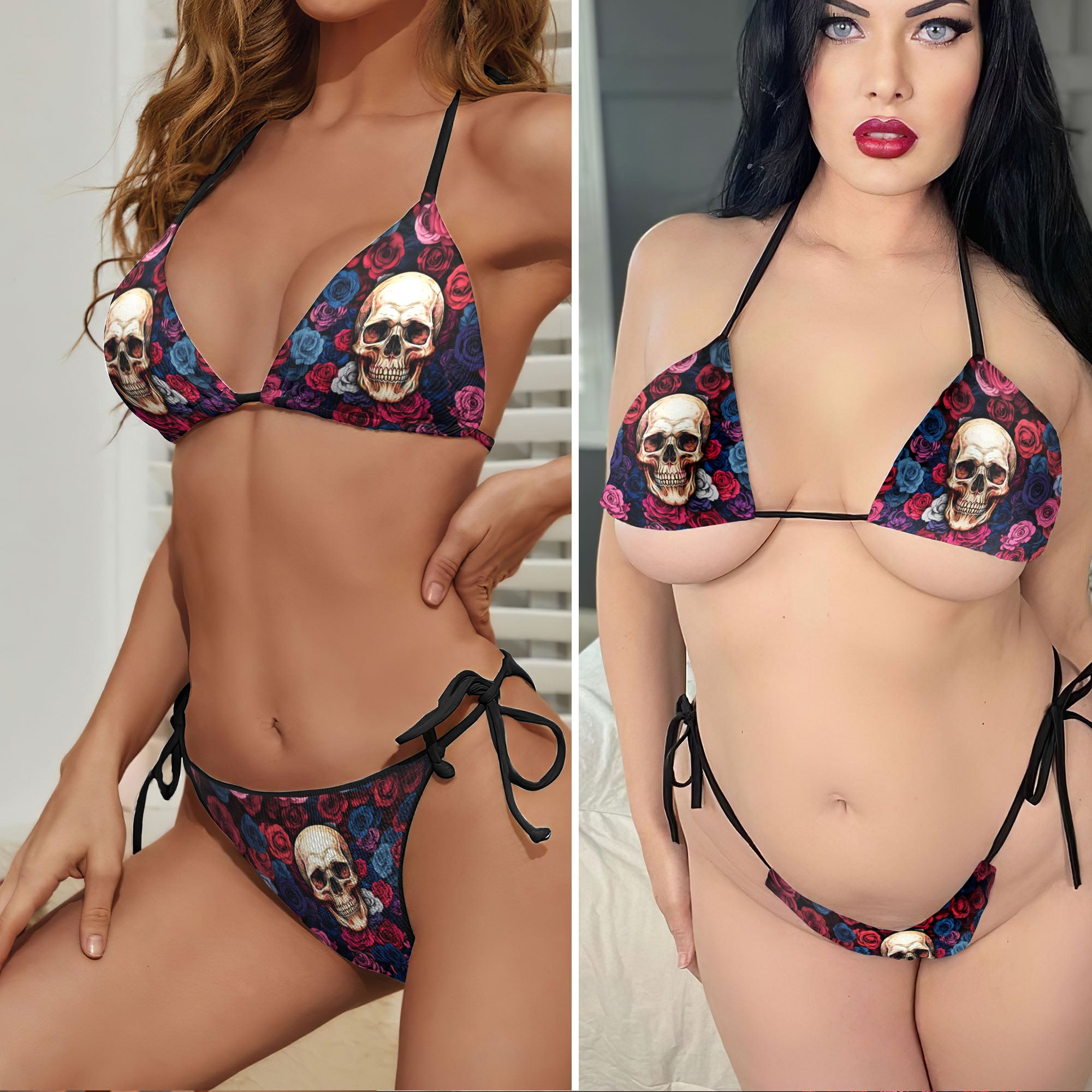 Vintage Skulls Roses Pattern Micro Triangle Bikini Swimsuit