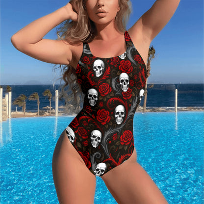 One Piece Bikini Scarlet Roses Skull Floral Print Swimwear