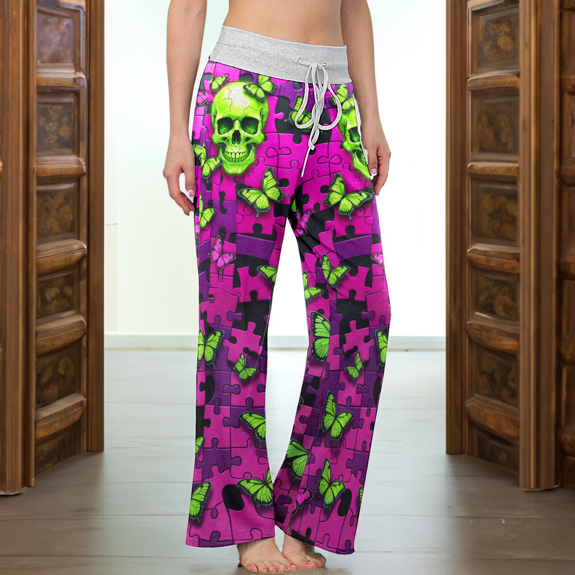 Neon Enigma Skull Butterfly Women's High-waisted Wide Leg Pants