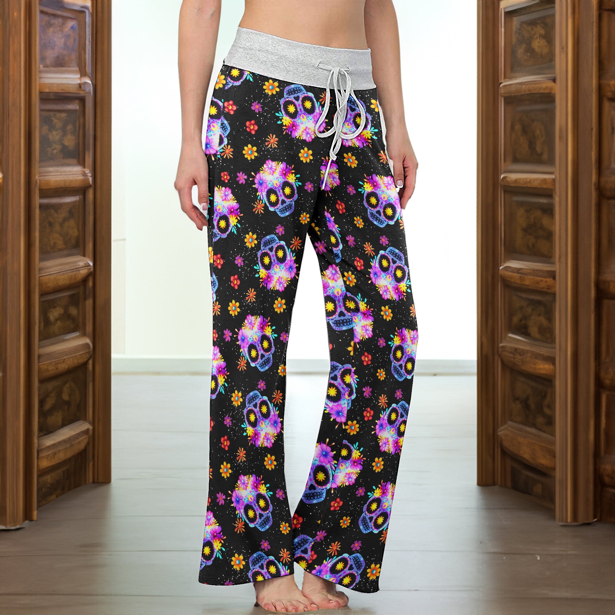 Colorful Skull Flower Pattern Women's High-waisted Wide Leg Pants