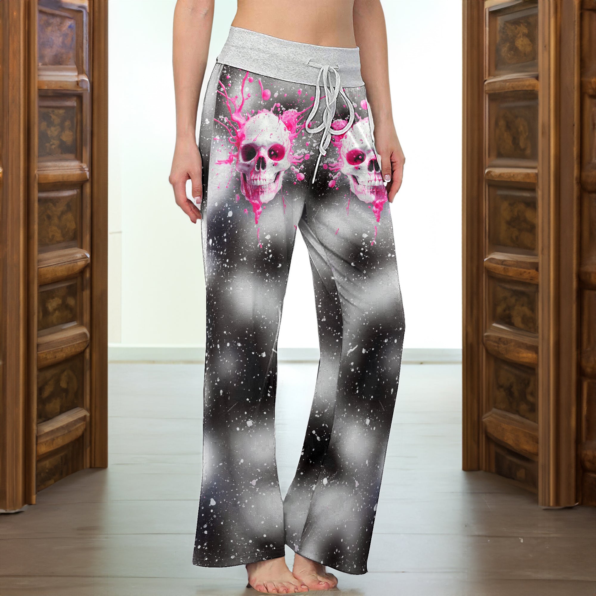 Pink Skull Art Women's High-waisted Wide Leg Pants