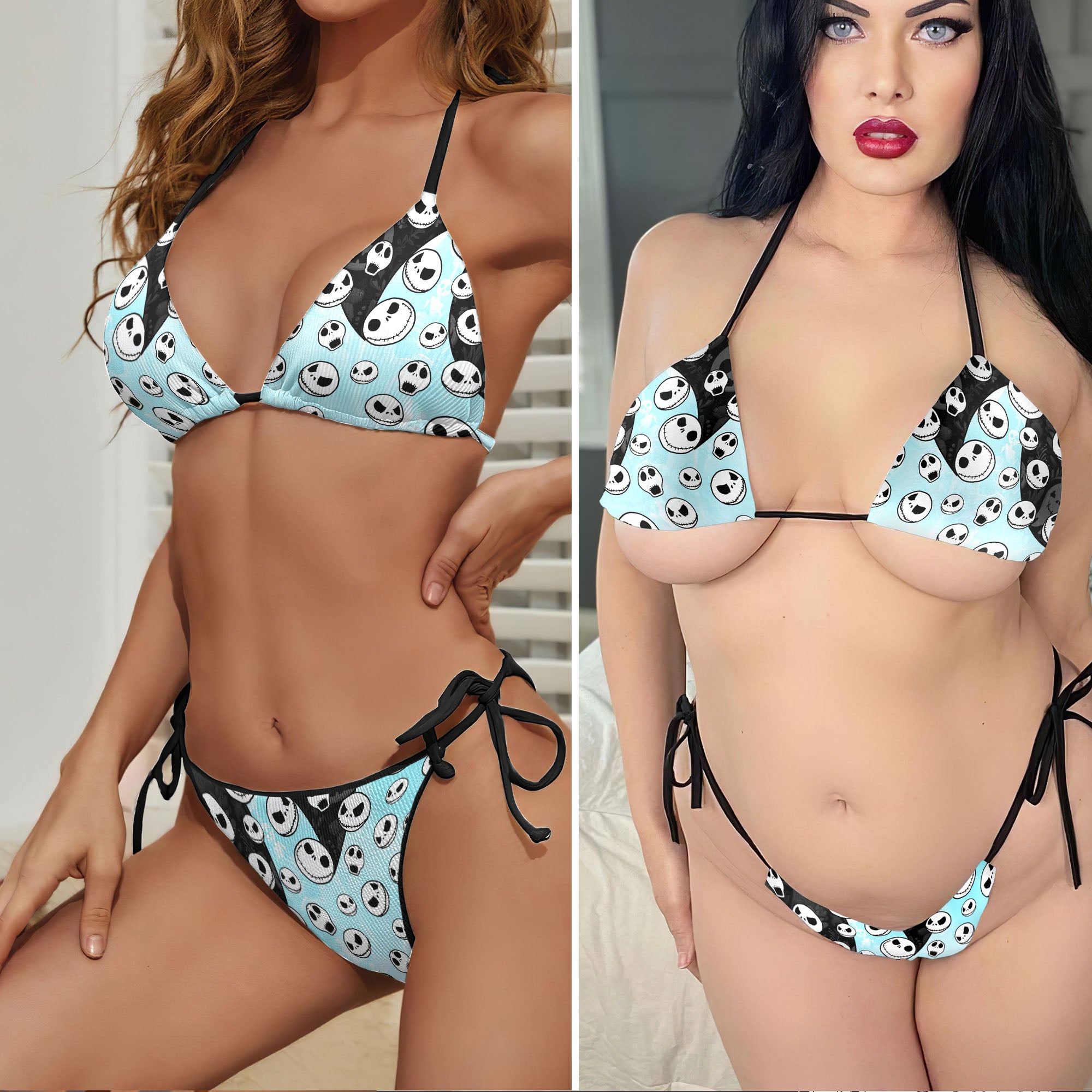 Frosty Ghost Skull Pattern Micro Triangle Bikini Swimsuit