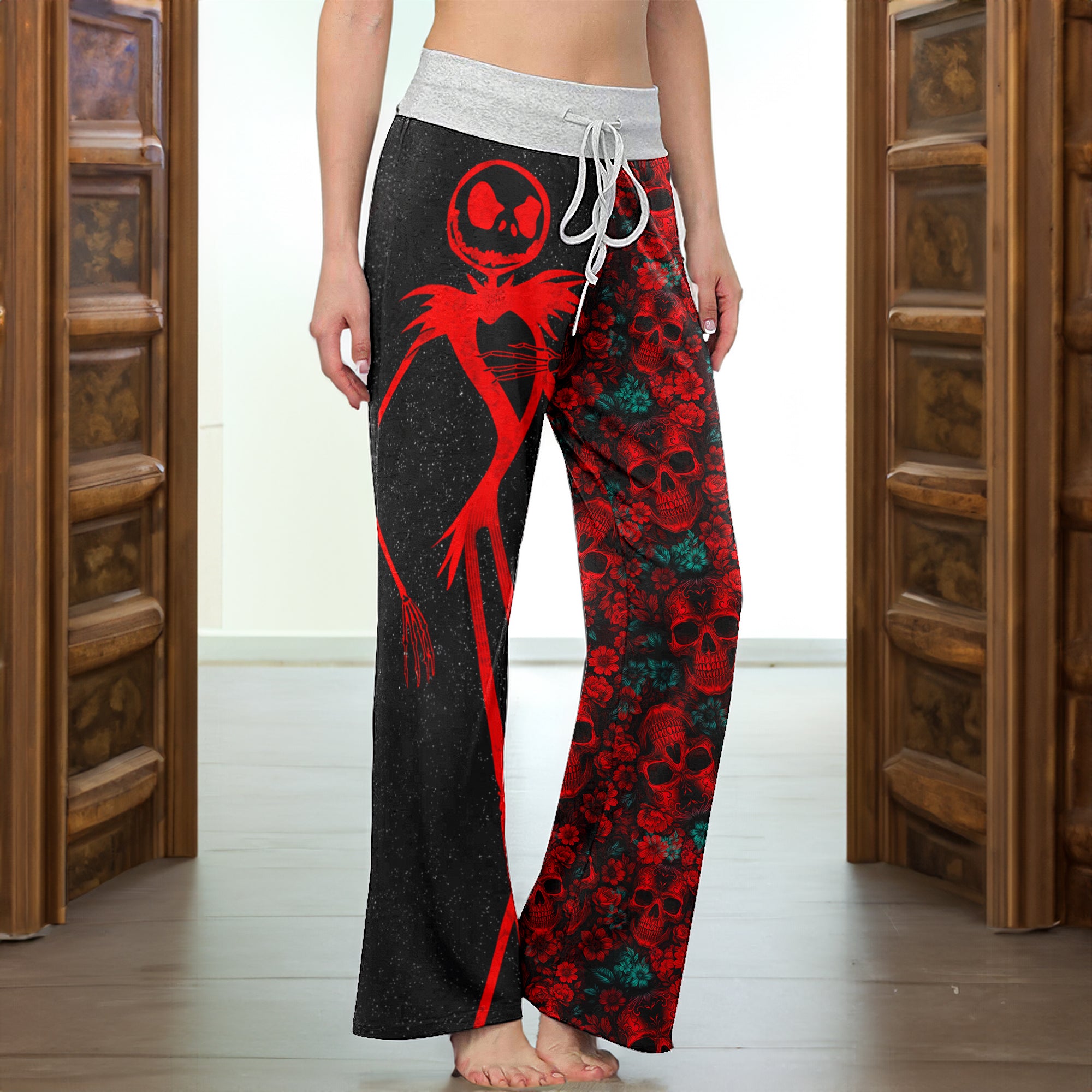 Red Skeleton Flower Art Women's High-waisted Wide Leg Pants