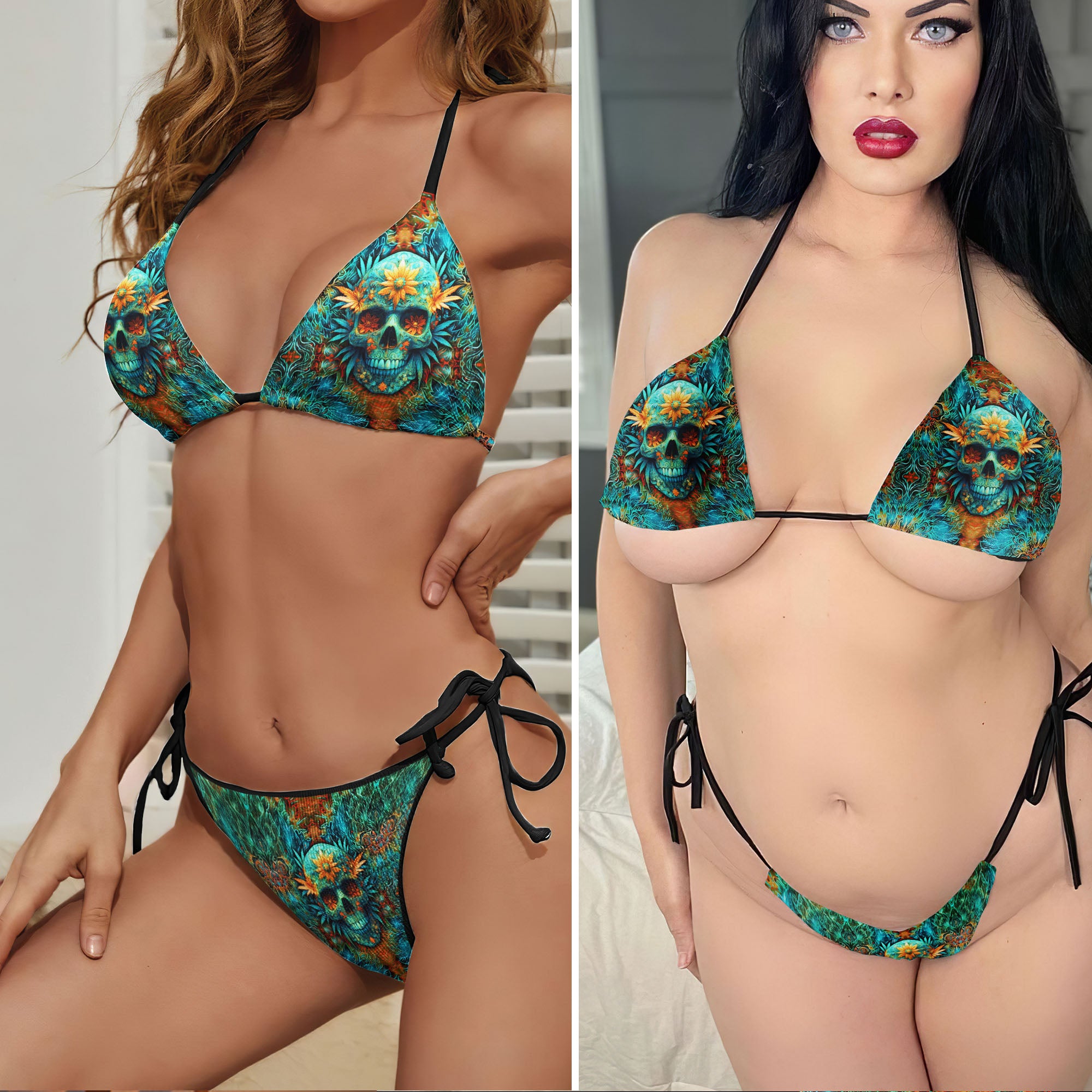 Bloomed Leaf Skull Illusion Micro Triangle Bikini Swimsuit