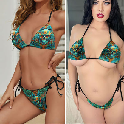 Bloomed Leaf Skull Illusion Micro Triangle Bikini Swimsuit