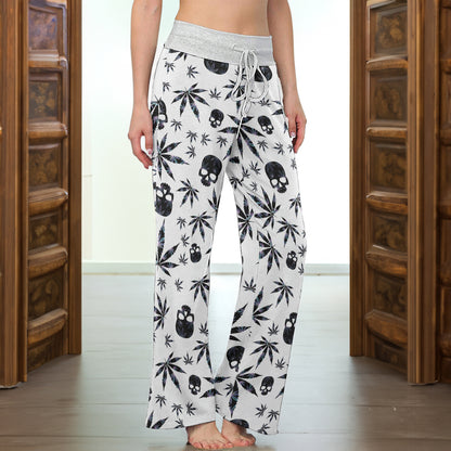 Black Skull Leaf Pattern Women's High-waisted Wide Leg Pants