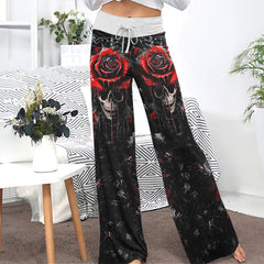 Dark Gothic Skull Rose Women's High-waisted Wide Leg Pants | Wonder Skull