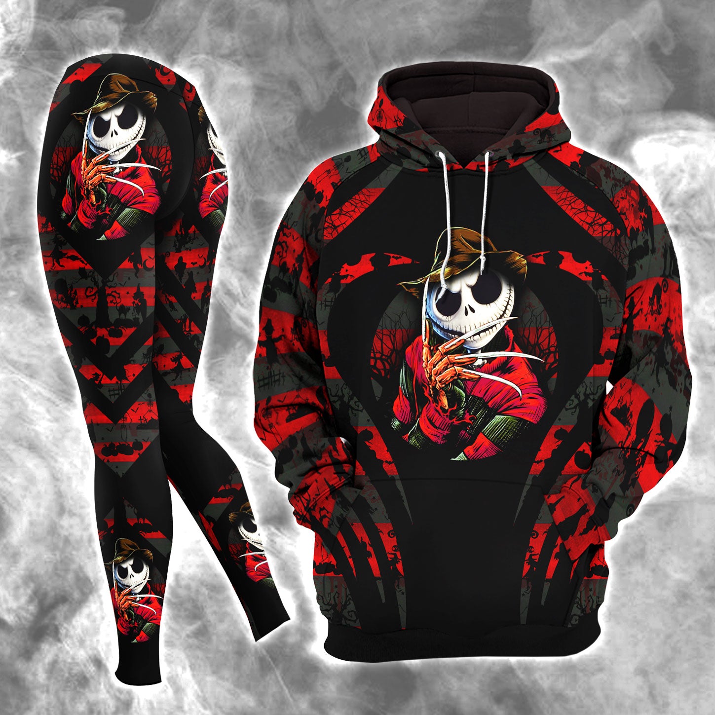 Dark Nightmare Art Theme Combo Hoodie and Leggings - Dark and edgy matching set with skull designs for a unique and stylish look.