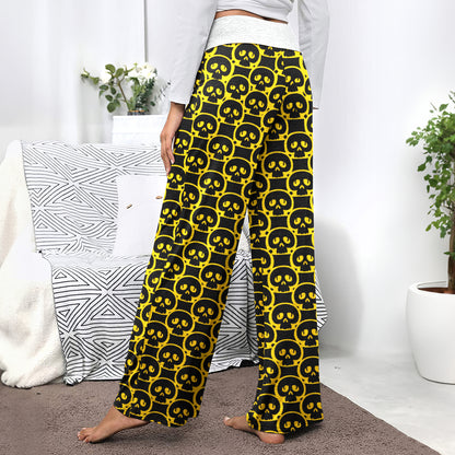 Bold Skull Yellow Pattern Women's High-waisted Wide Leg Pants