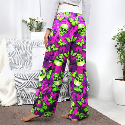 Neon Purple Puzzle Skull Women's High-waisted Wide Leg Pants
