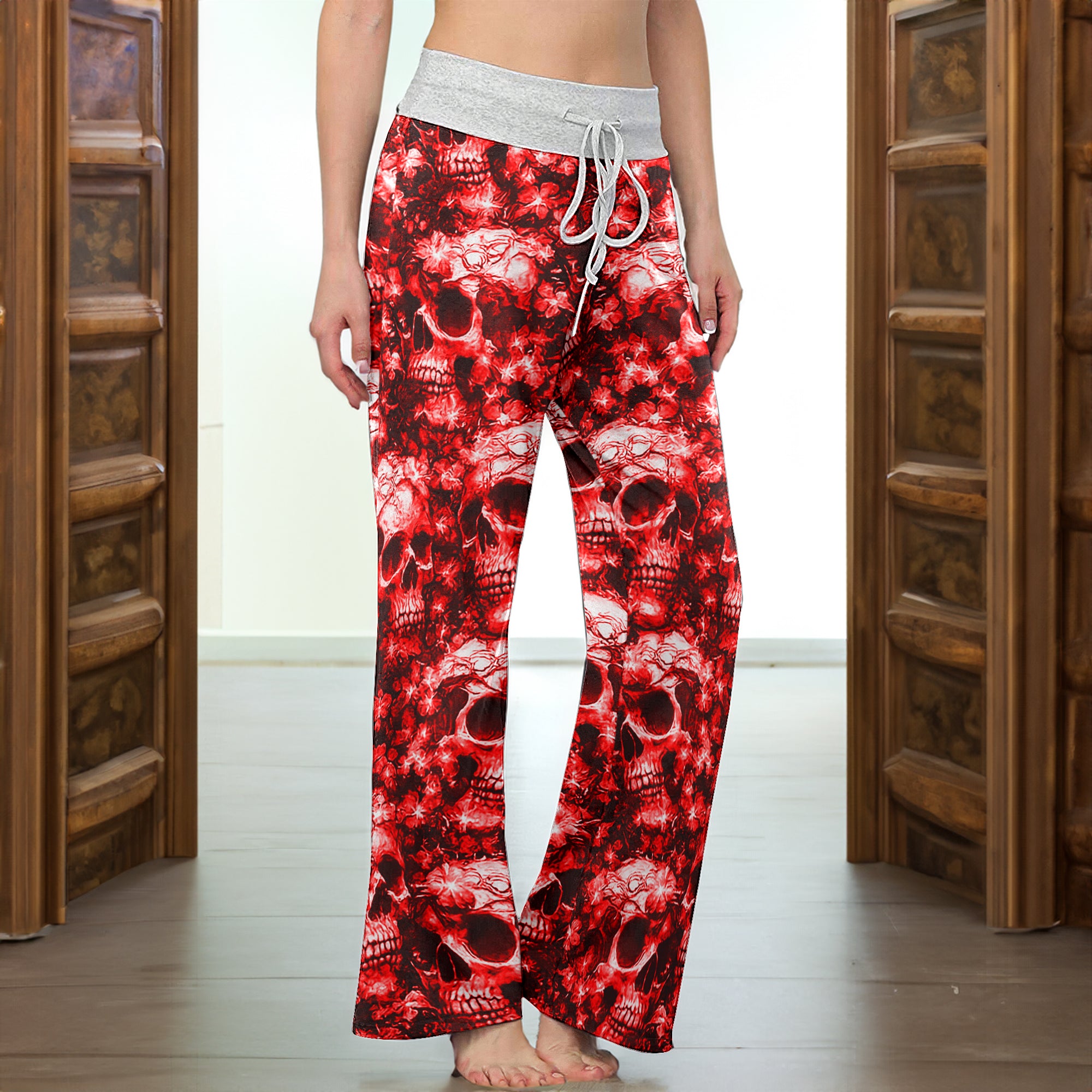 Red Skull Orchid Pattern Women's High-waisted Wide Leg Pants