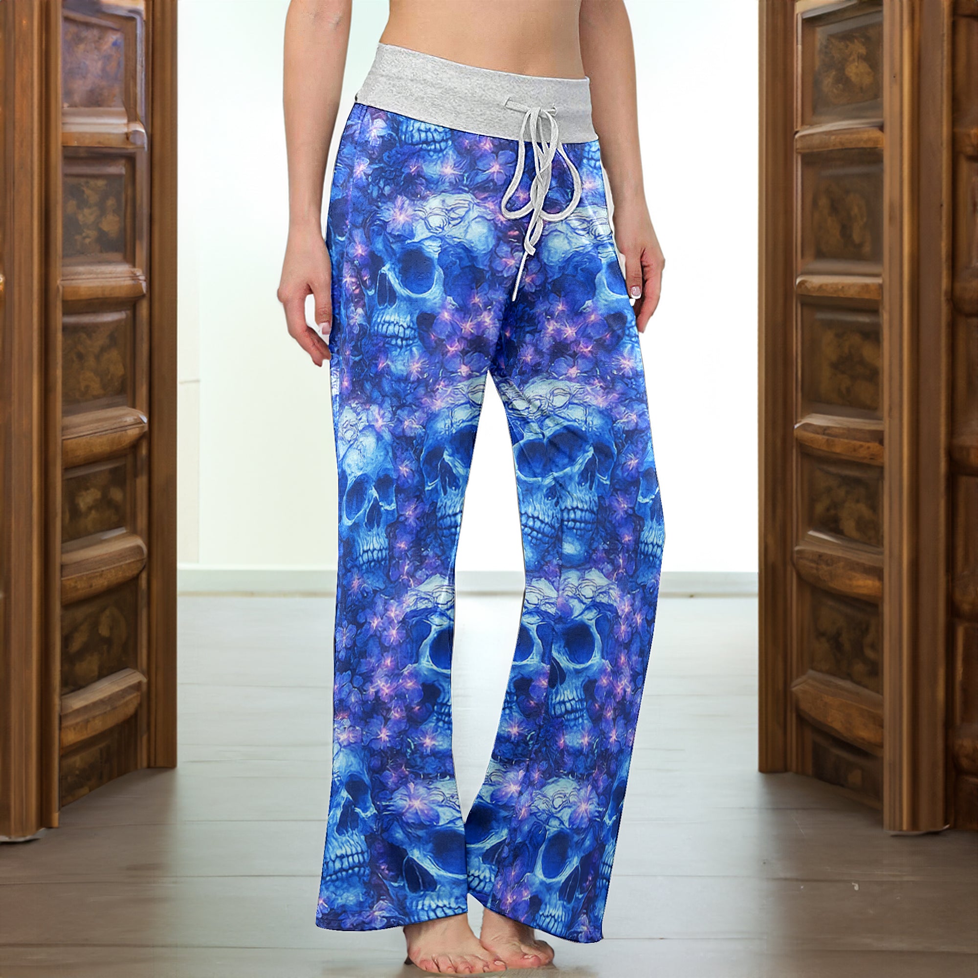 Blue Skull Orchid Pattern Women's High-waisted Wide Leg Pants