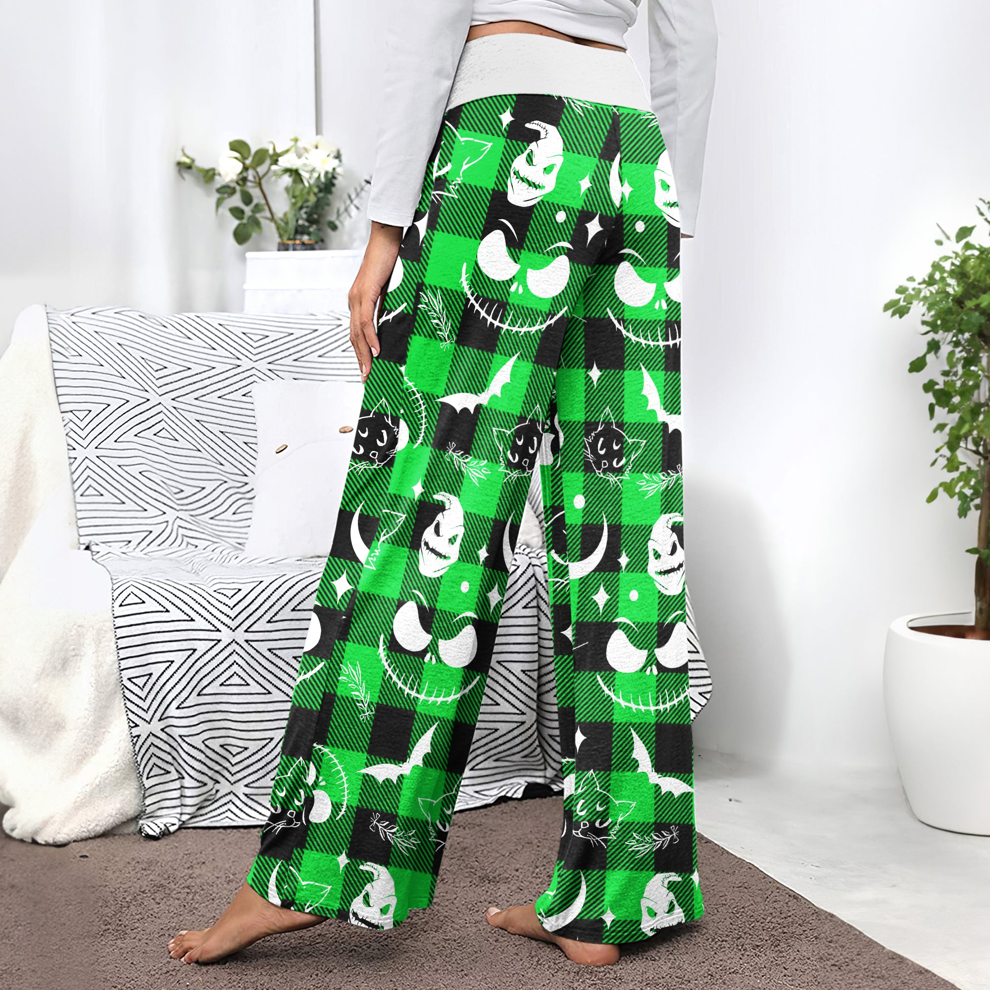 Green White Christmas Check Board Theme Women's High-waisted Wide Leg Pants | Wonder Skull
