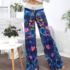 Dark Blue Effect Skull Women's High-waisted Wide Leg Pants | Wonder Skull