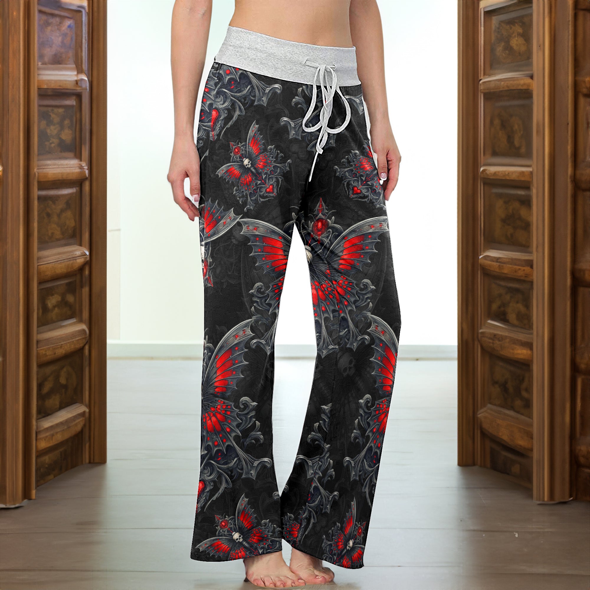 Butterfly Skull Heart Thorns Women's High-waisted Wide Leg Pants