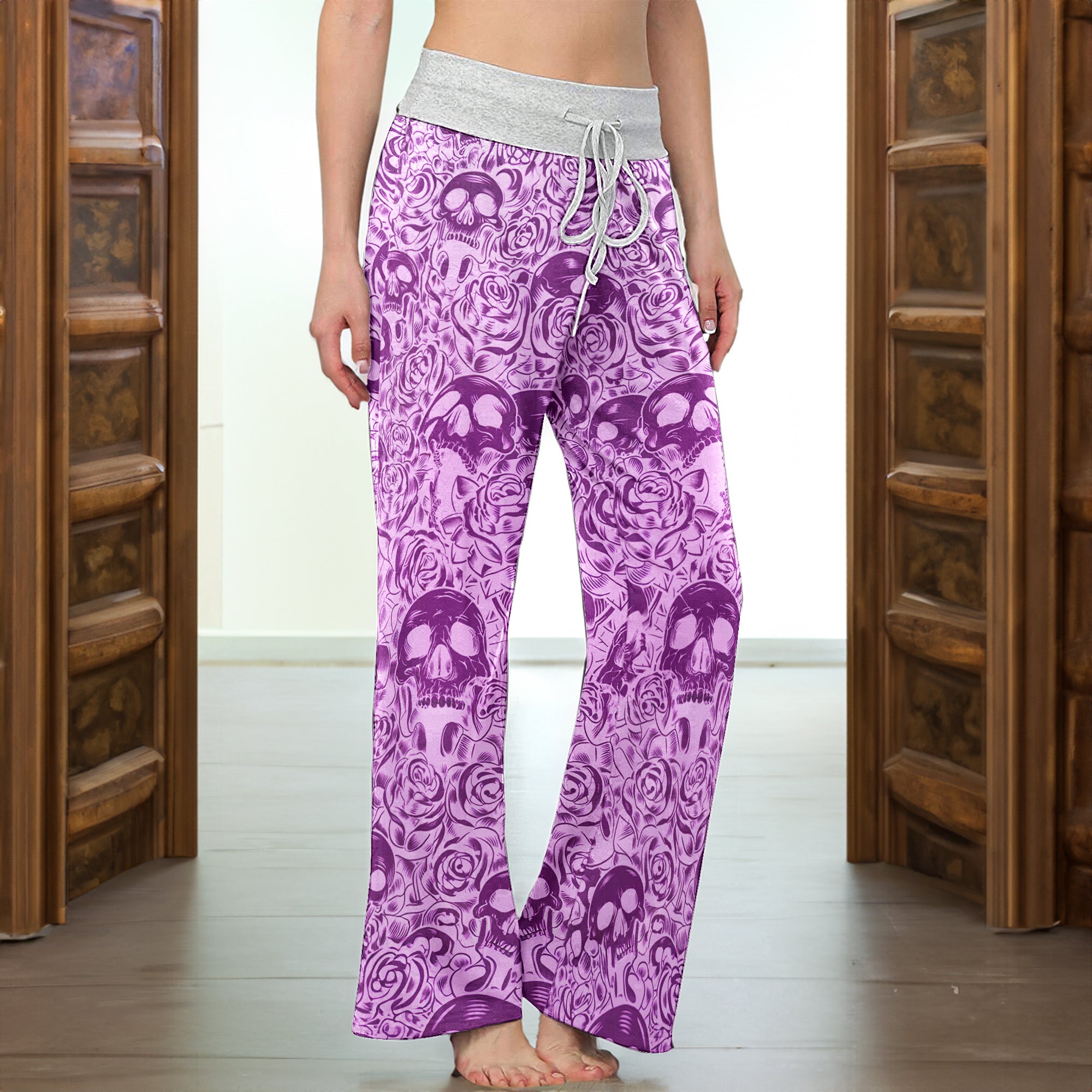 Purple Skull Pattern Gothic Women's High-waisted Wide Leg Pants