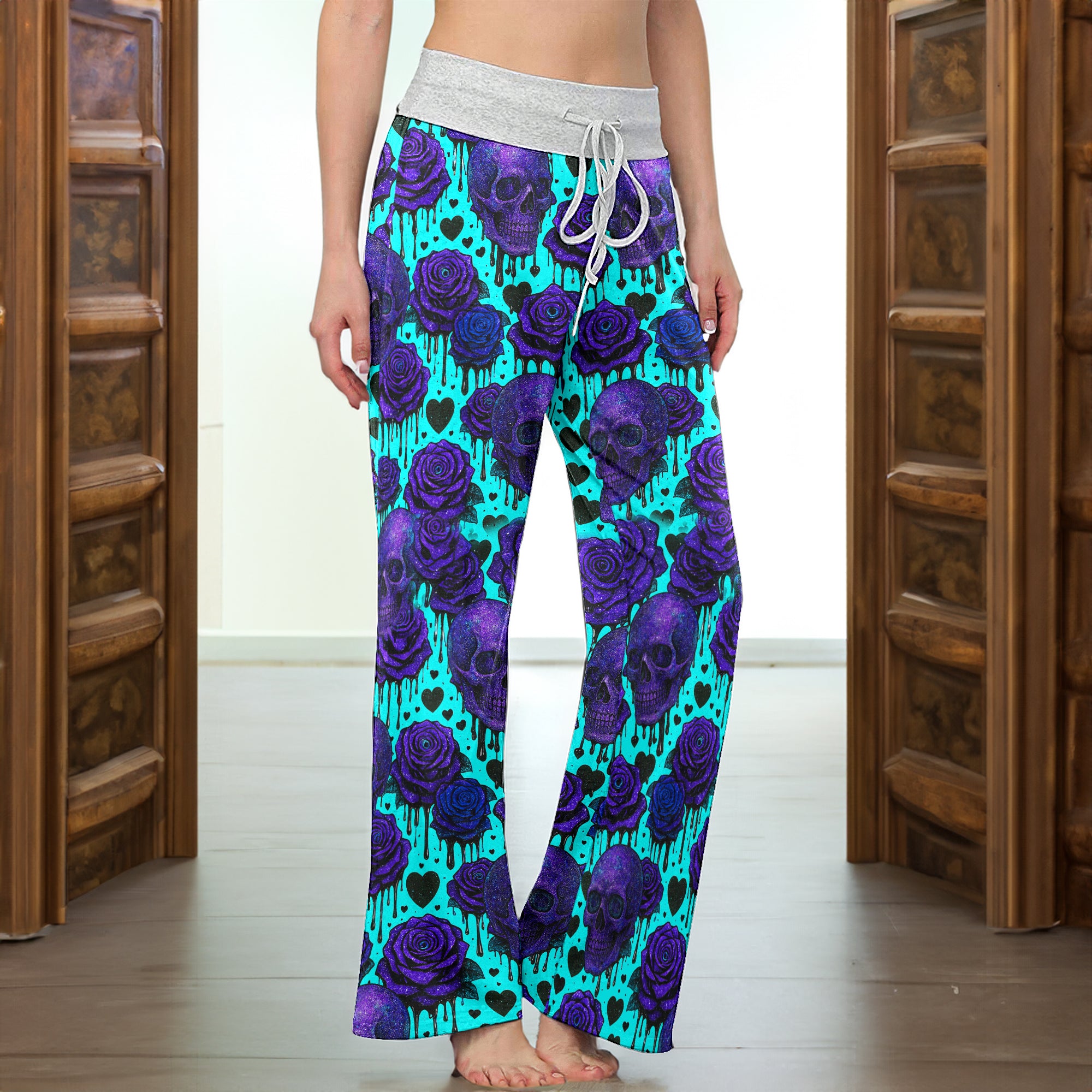 Neon Skull Rose Melting Women's High-waisted Wide Leg Pants