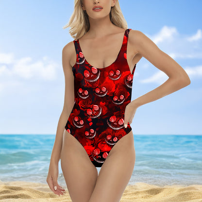 One Piece Bikini Red Smiling Chaos Pattern Print Swimwear