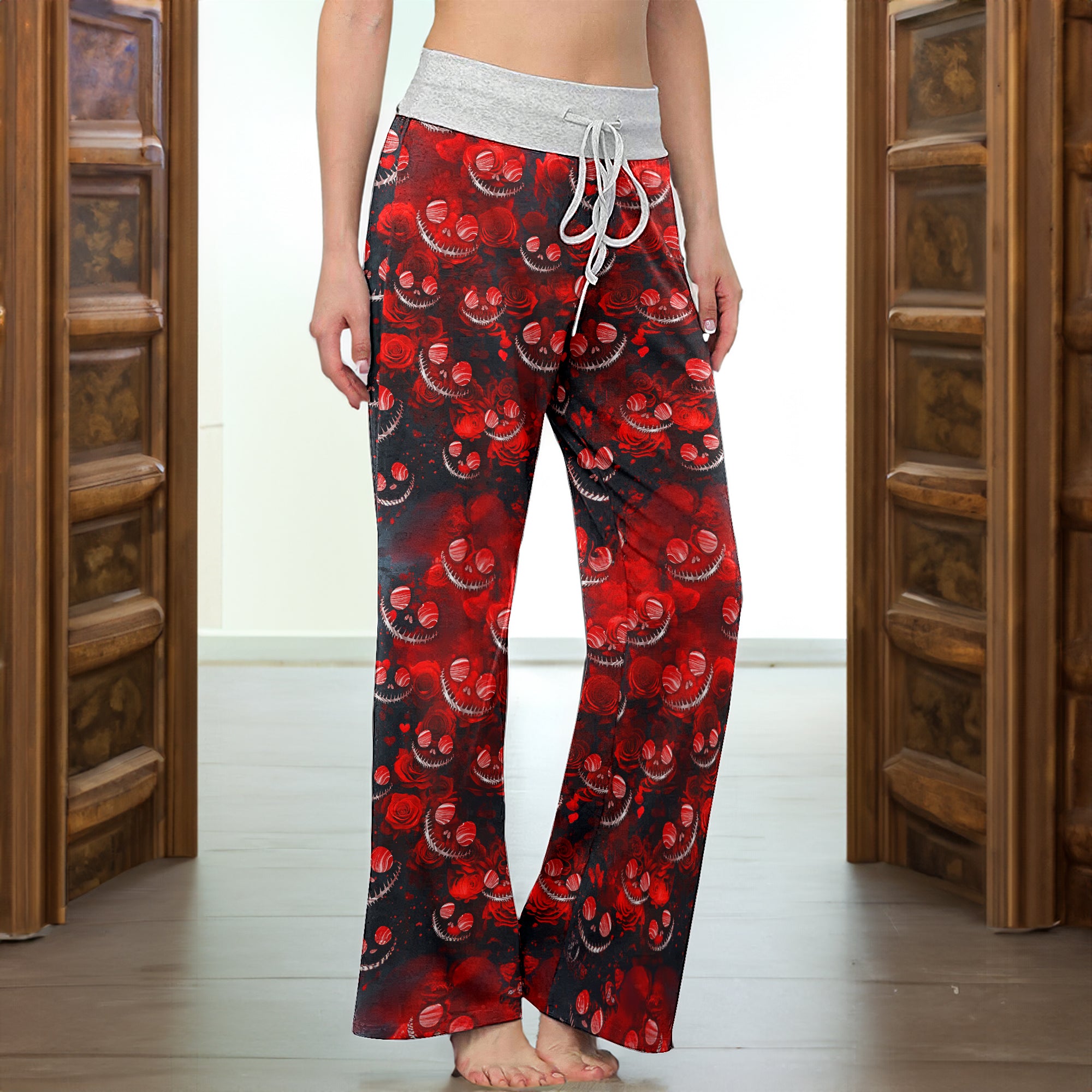 Red Face Skull Pattern Women's High-waisted Wide Leg Pants