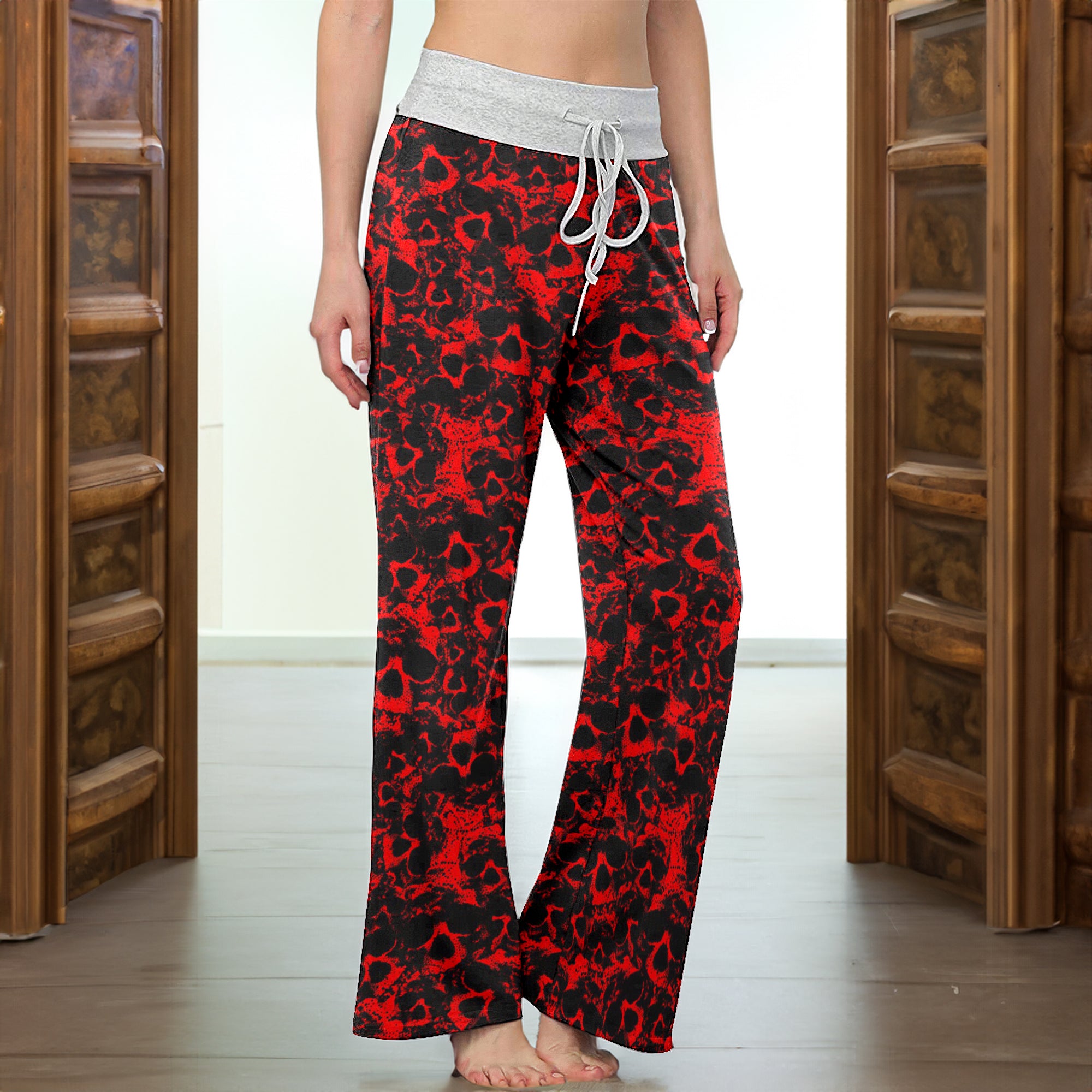 Red Skull Pattern Women's High-waisted Wide Leg Pants