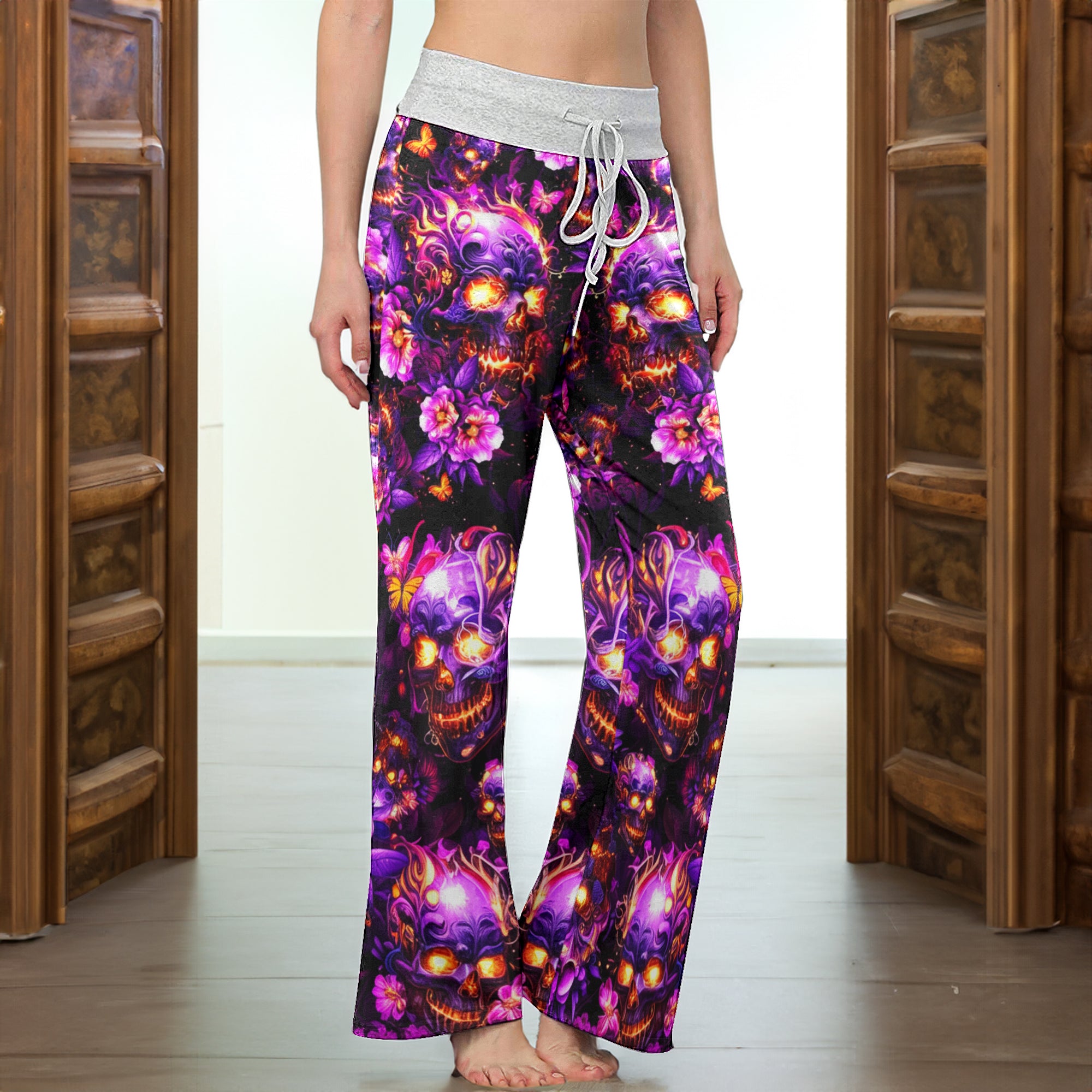 Violet Inferno Skulls Women's High-waisted Wide Leg Pants