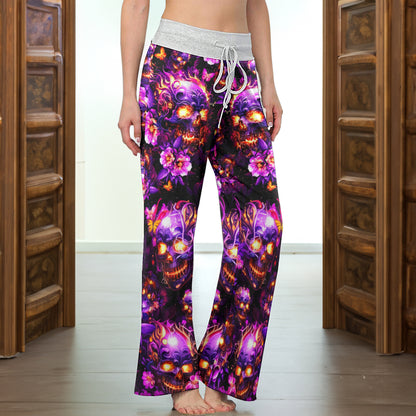 Violet Inferno Skulls Women's High-waisted Wide Leg Pants