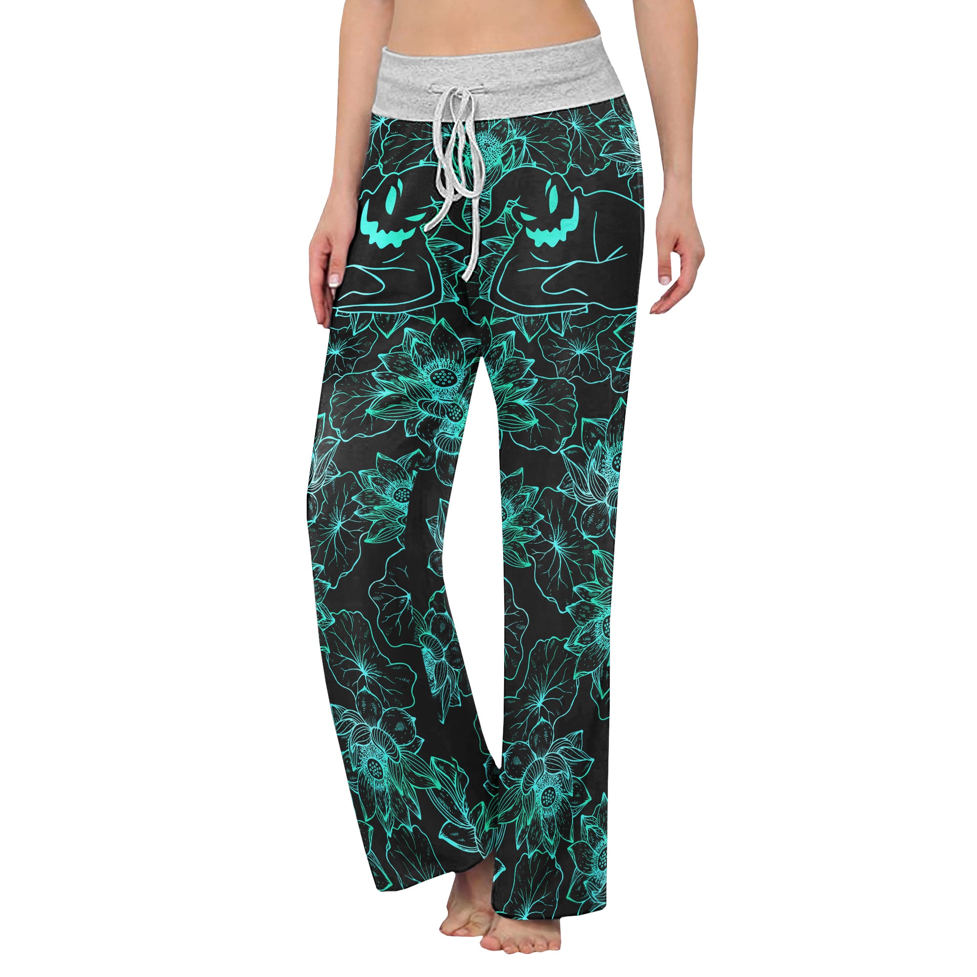 Cyan Floral Nightmare Theme Women's High-waisted Wide Leg Pants | Wonder Skull