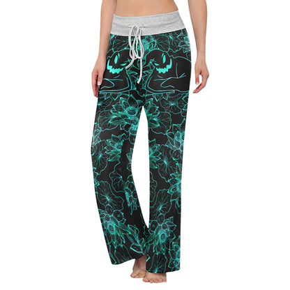 Cyan Floral Nightmare Theme Women's High-waisted Wide Leg Pants | Wonder Skull