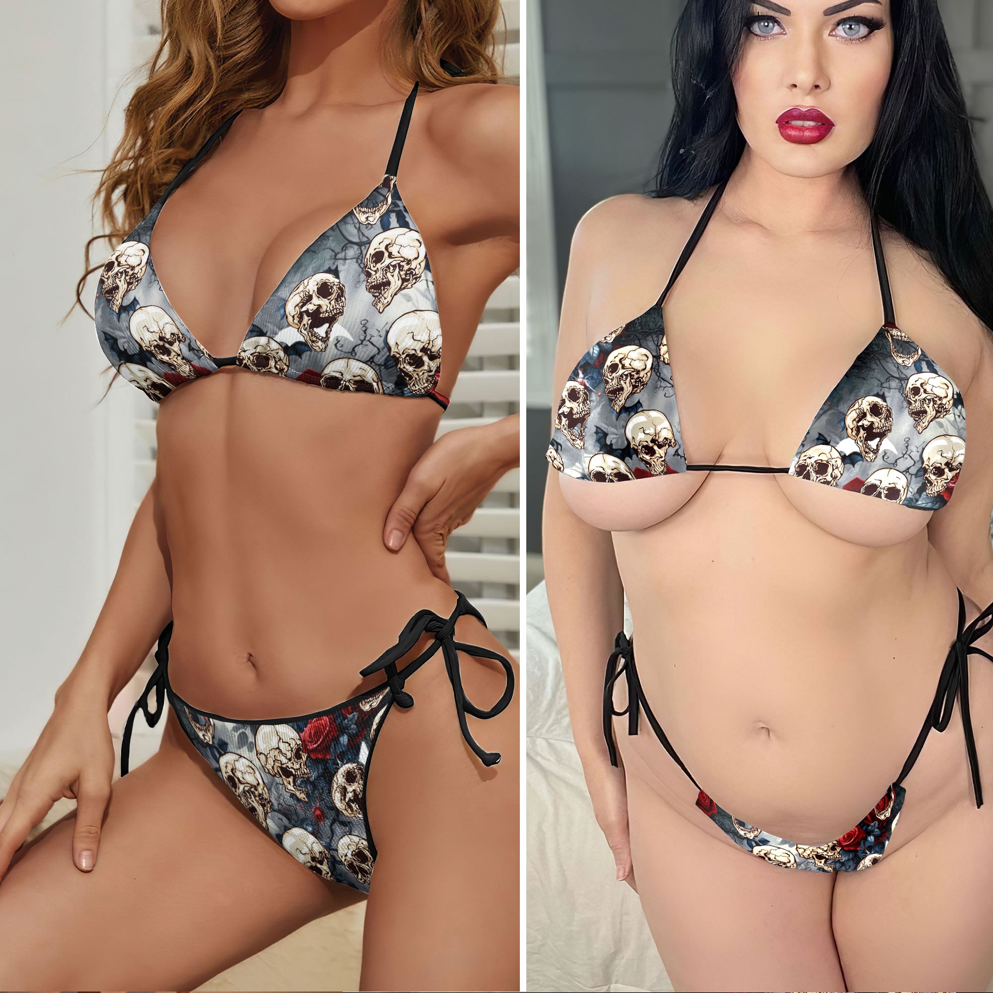 Blooms Rose Skull Pattern Micro Triangle Bikini Swimsuit