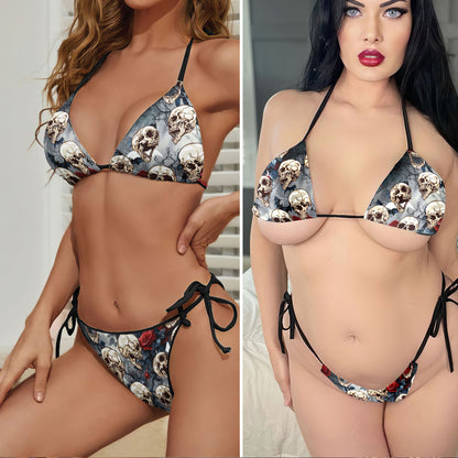 Blooms Rose Skull Pattern Micro Triangle Bikini Swimsuit