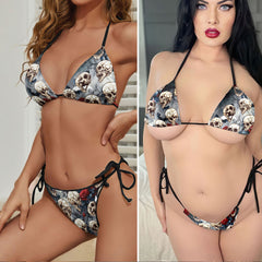 Blooms Rose Skull Pattern Micro Triangle Bikini Swimsuit