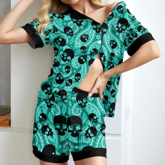 Cyan Paisley Skull Women's Pajama Sets Top Sleeve & Short Bottom