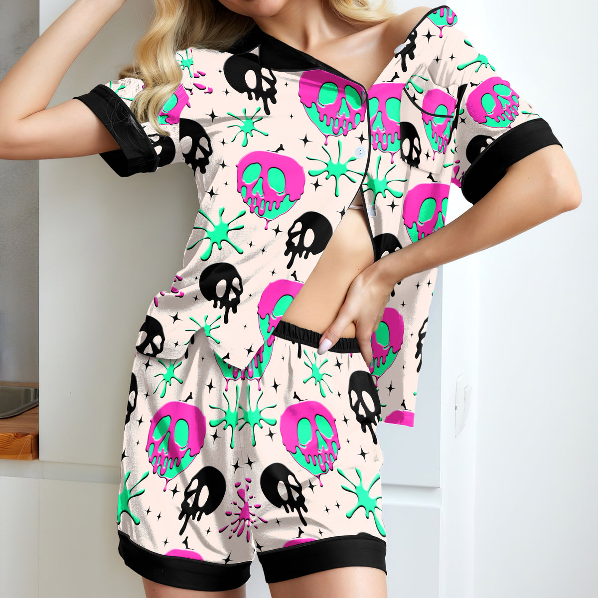 Chic and stylish women's pajama set with unique design prints and statement sleeves, Soft and luxurious fabrics make this pajama set perfect for bedtime or lounging at home.