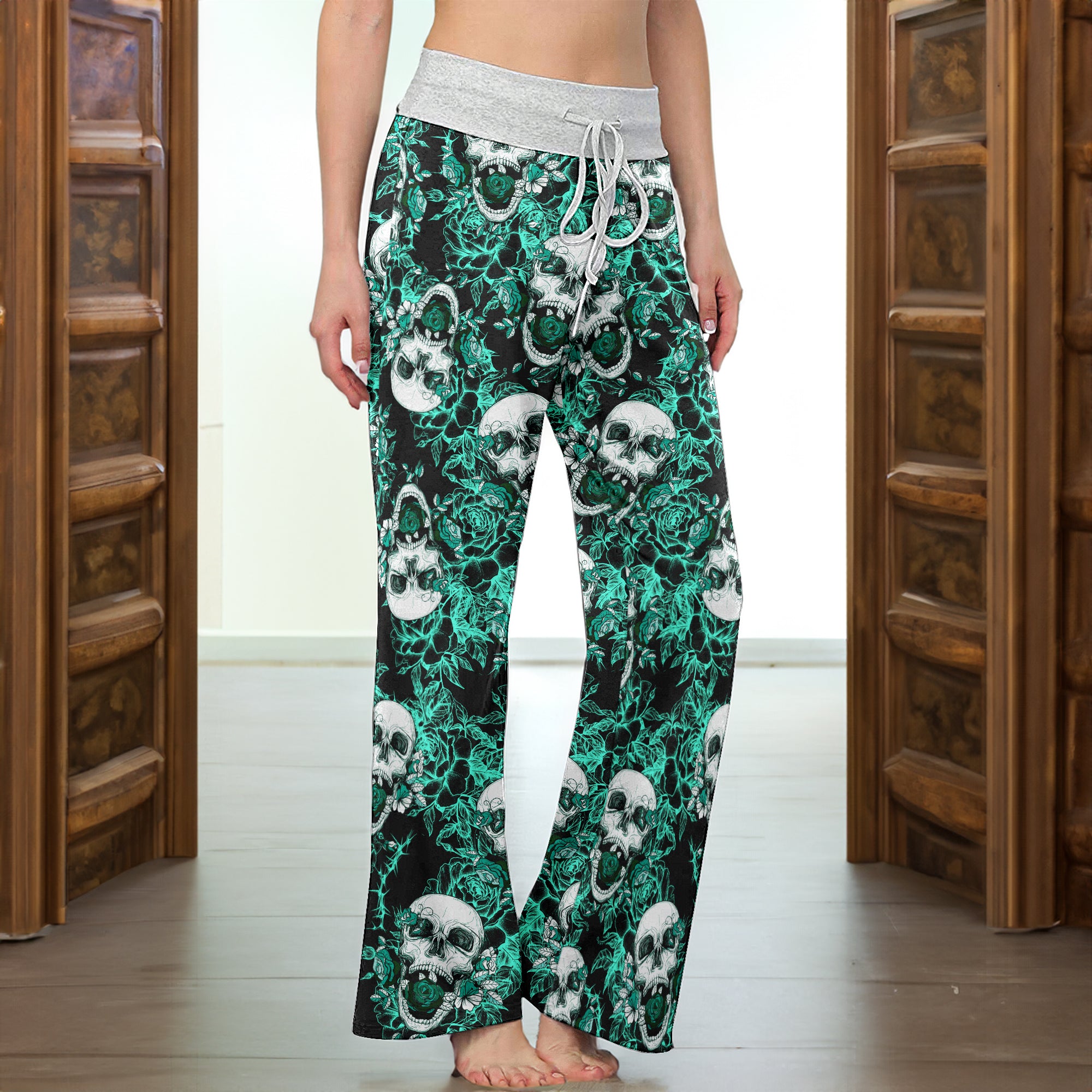 Thorned Rose Skull Pattern Women's High-waisted Wide Leg Pants
