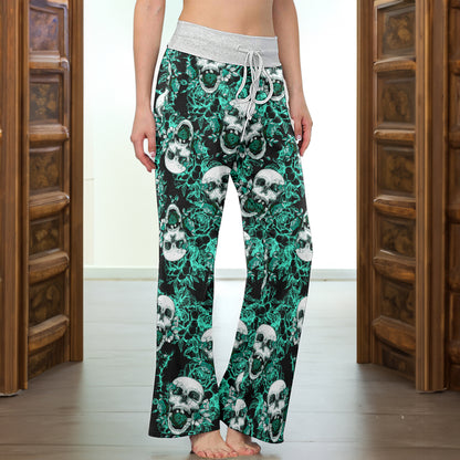 Thorned Rose Skull Pattern Women's High-waisted Wide Leg Pants