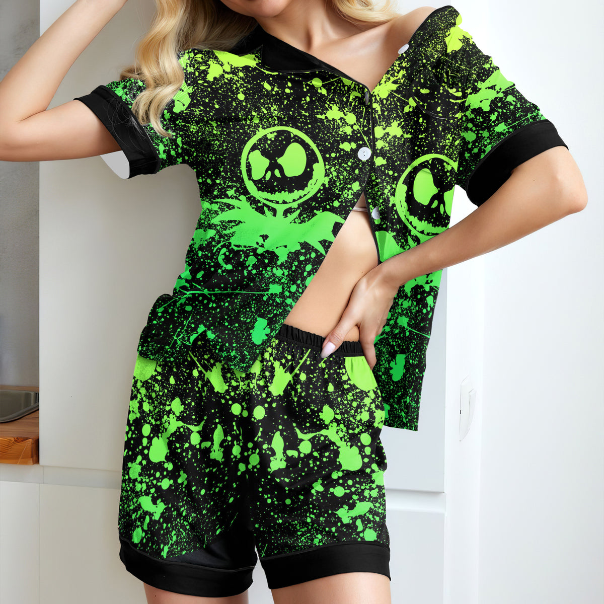 Green Brush Art Women's Pajama Sets Top Sleeve & Short Bottom