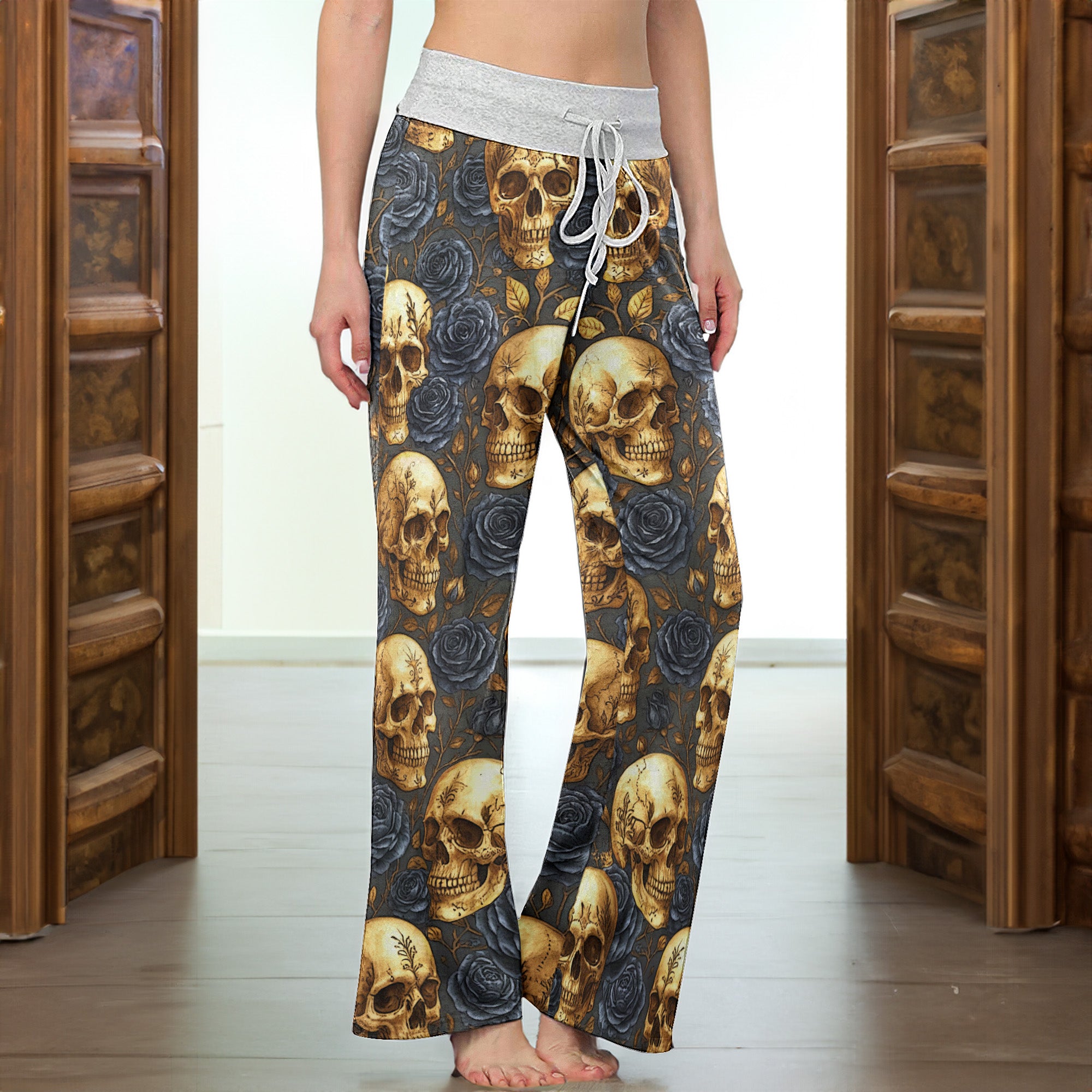 Gold Skull & Black Rose Women's High-waisted Wide Leg Pants