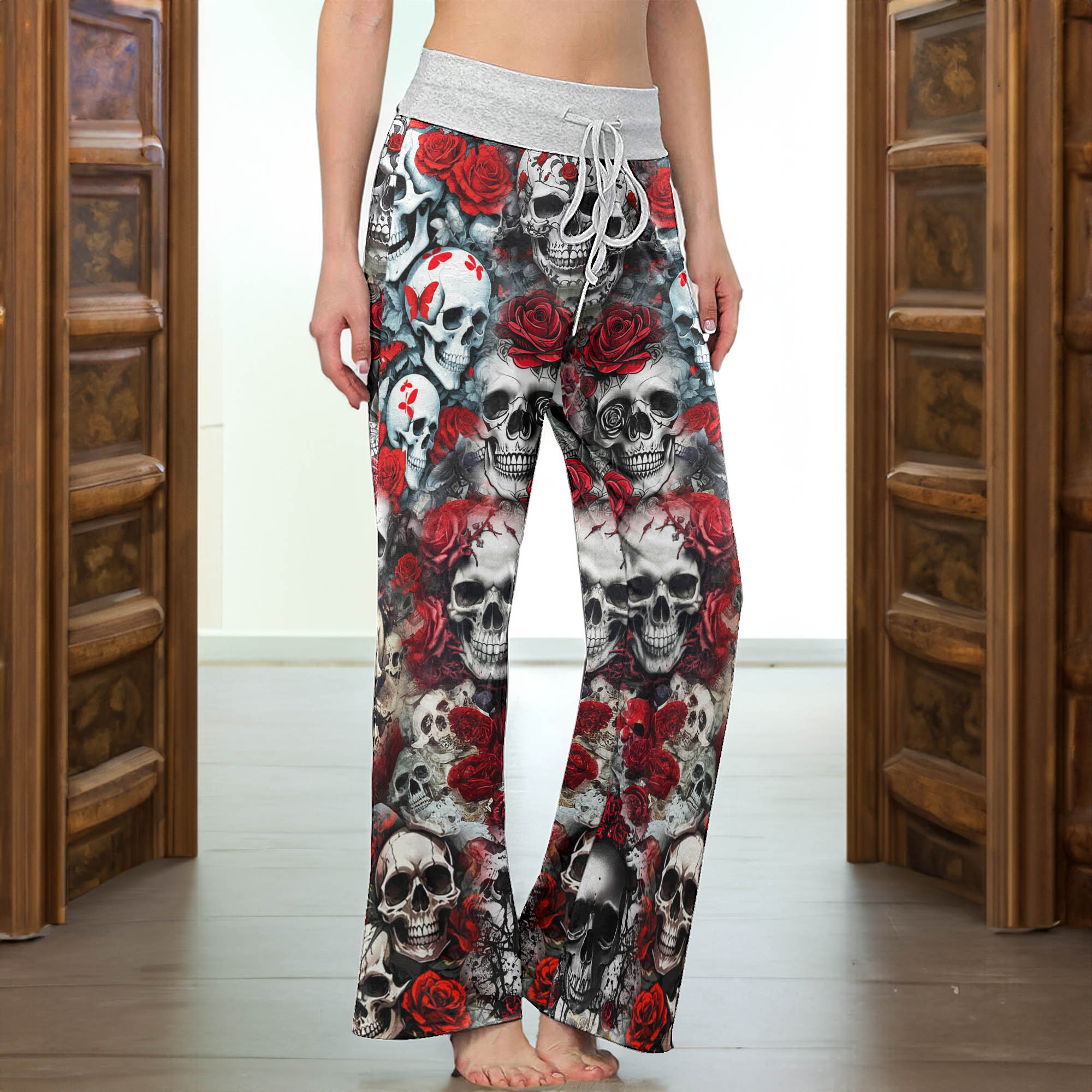 Gothic Skull Red Garden Women's High-waisted Wide Leg Pants