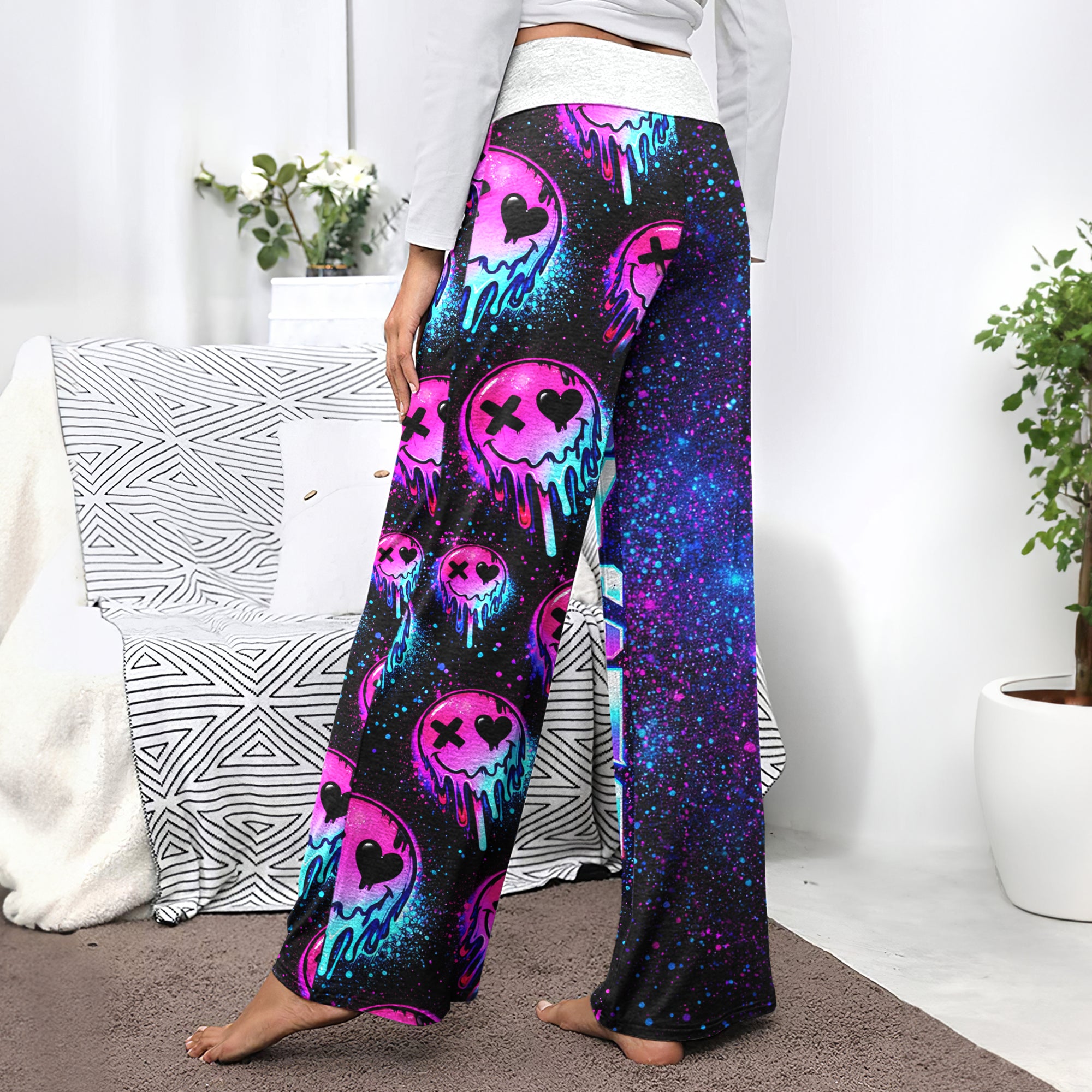 Neon Meltdown Skull Pattern Women's High-waisted Wide Leg Pants