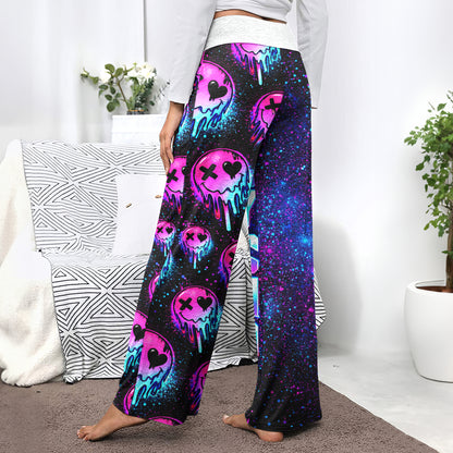 Neon Meltdown Skull Pattern Women's High-waisted Wide Leg Pants