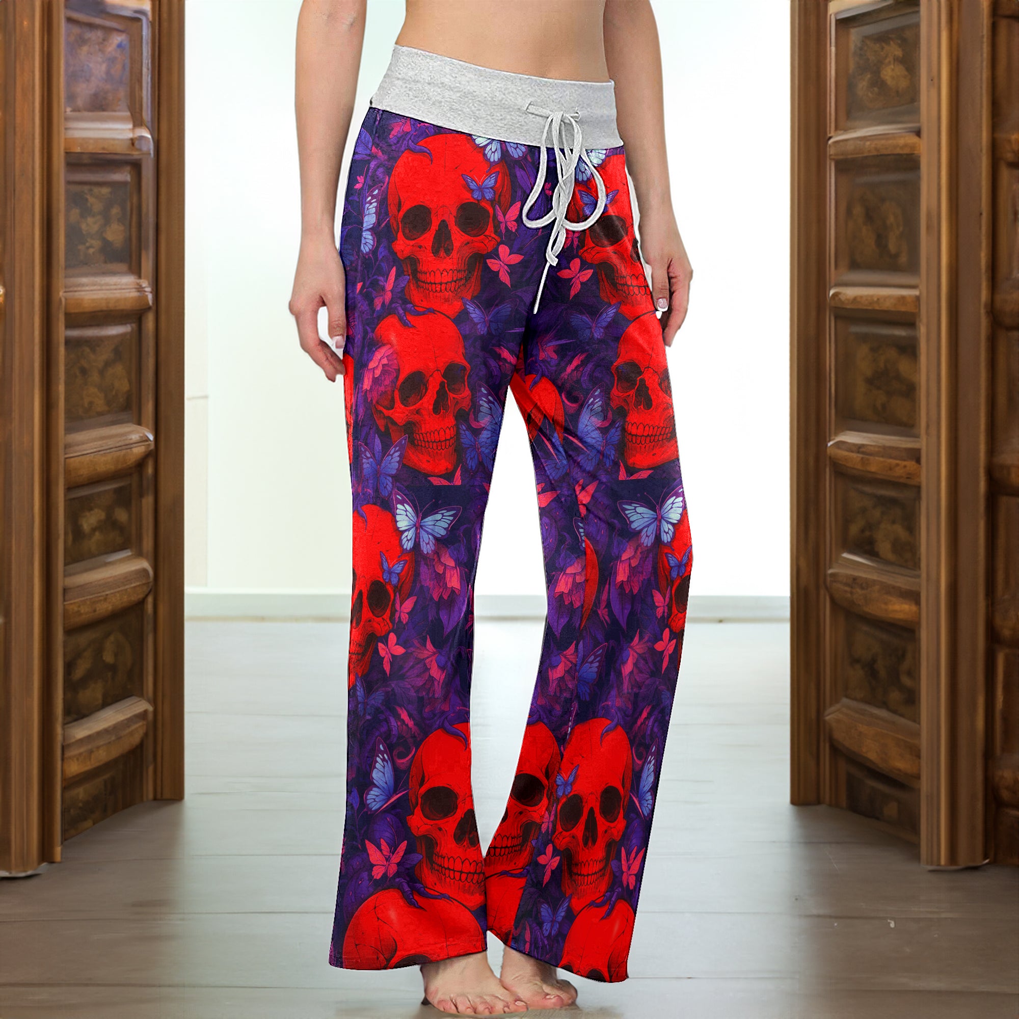 Red Skull Abstract Pattern Women's High-waisted Wide Leg Pants