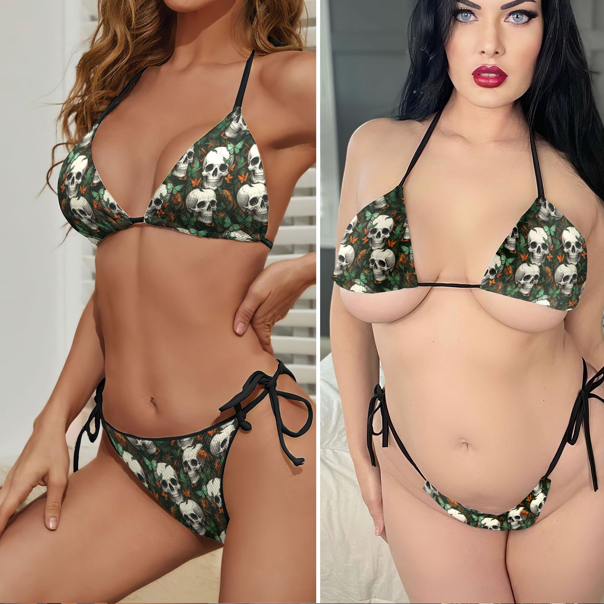 Antique Skull Autumn Leaf Micro Triangle Bikini Swimsuit