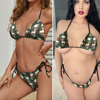 Antique Skull Autumn Leaf Micro Triangle Bikini Swimsuit