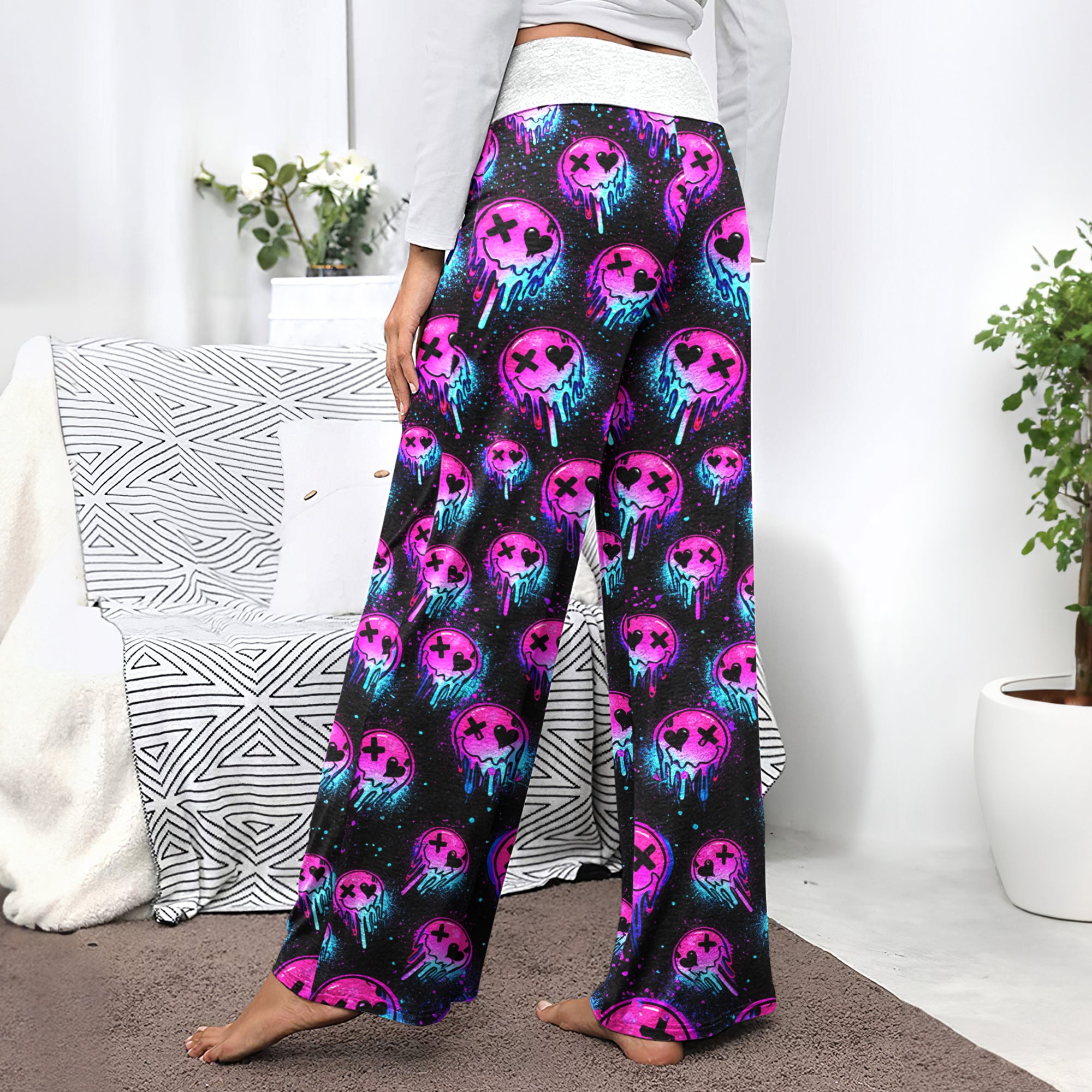 Melting Neon Skull Grunge Women's High-waisted Wide Leg Pants