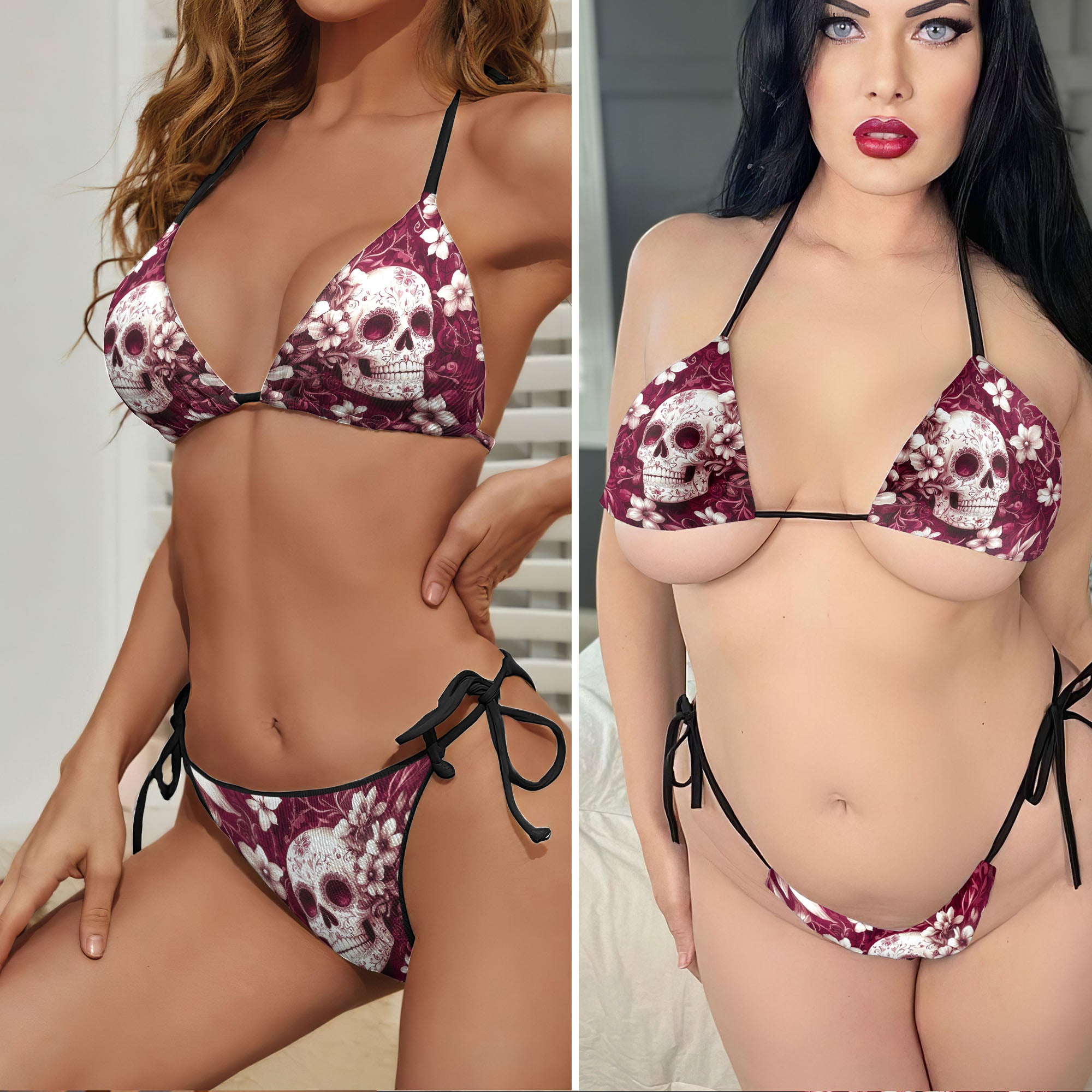 Vintage Floral Skull Pattern Micro Triangle Bikini Swimsuit