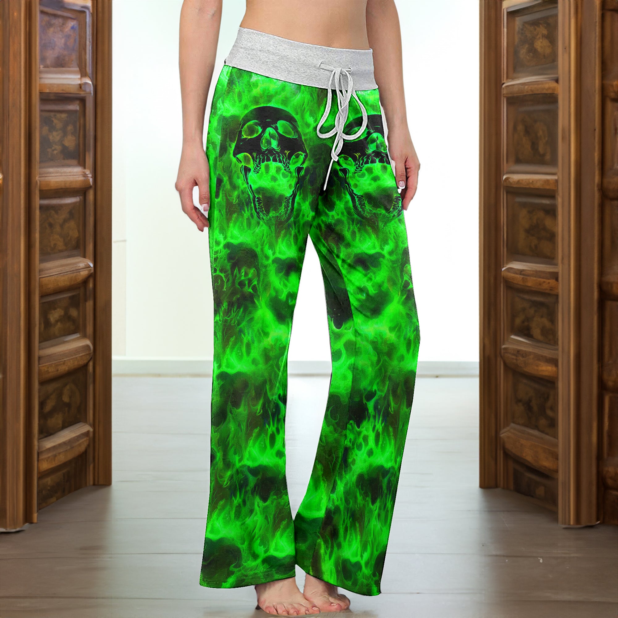 Green Skull Flaming Women's High-waisted Wide Leg Pants