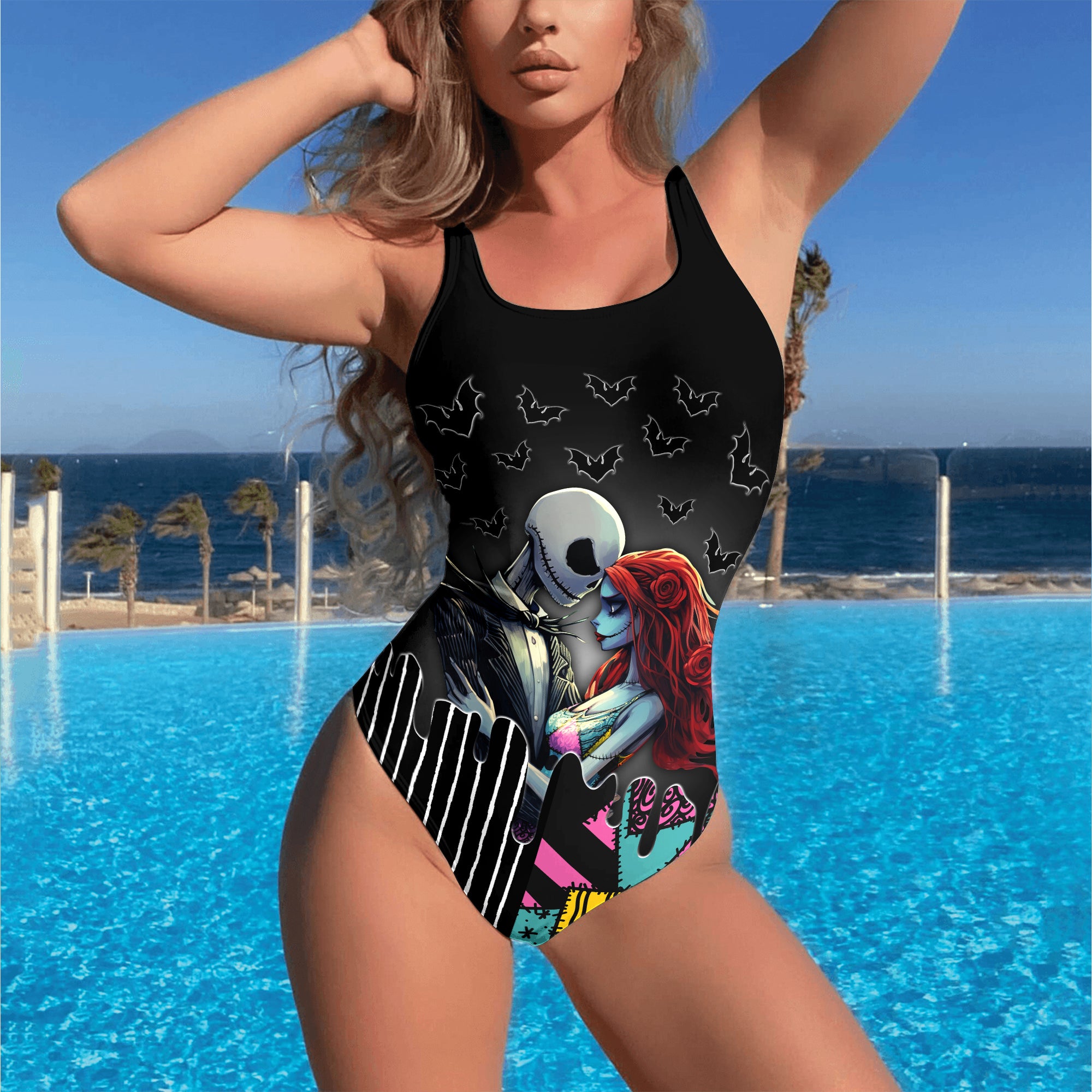 One Piece Bikini Couple Gothic Romance Print Swimwear